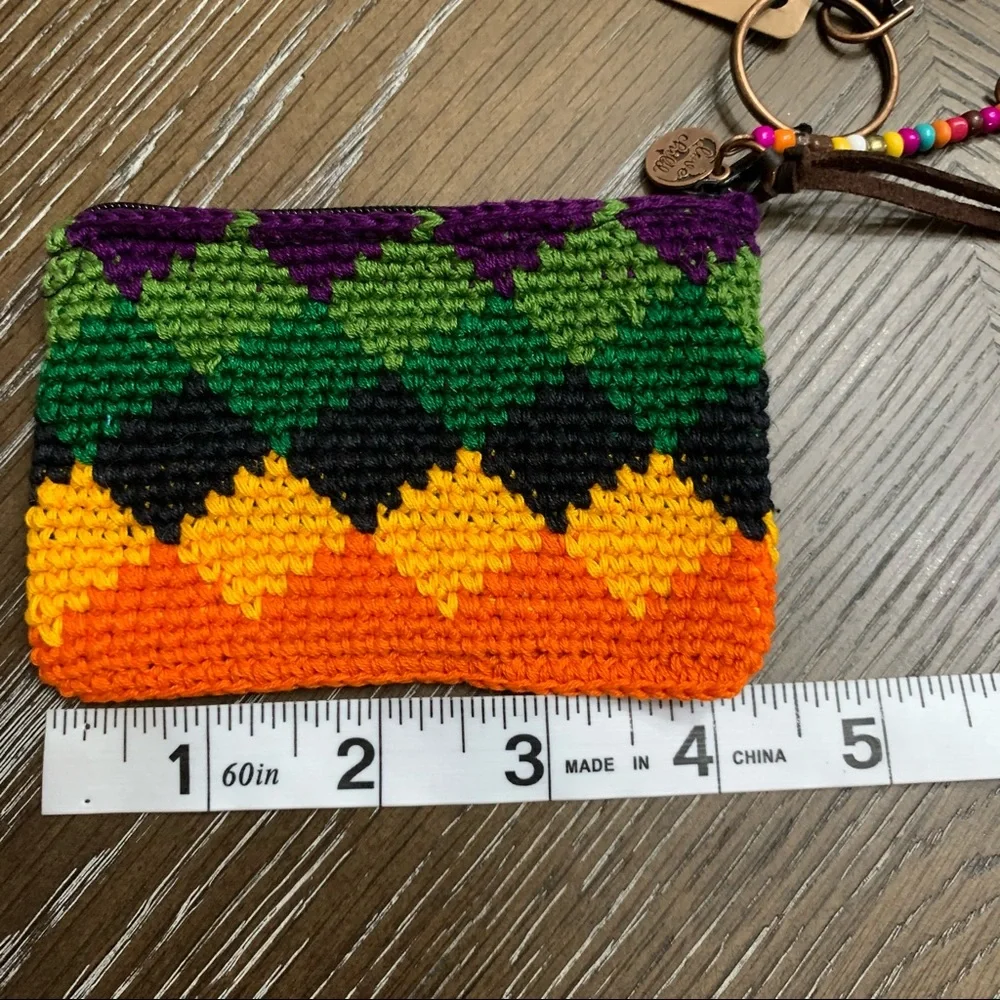 Handmade knitted orange/green wallet/coin bag